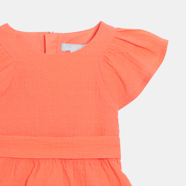 فستان أنيق من القطن بنقشة بارزة باللون البرتقالي للفتيات الصغيرات